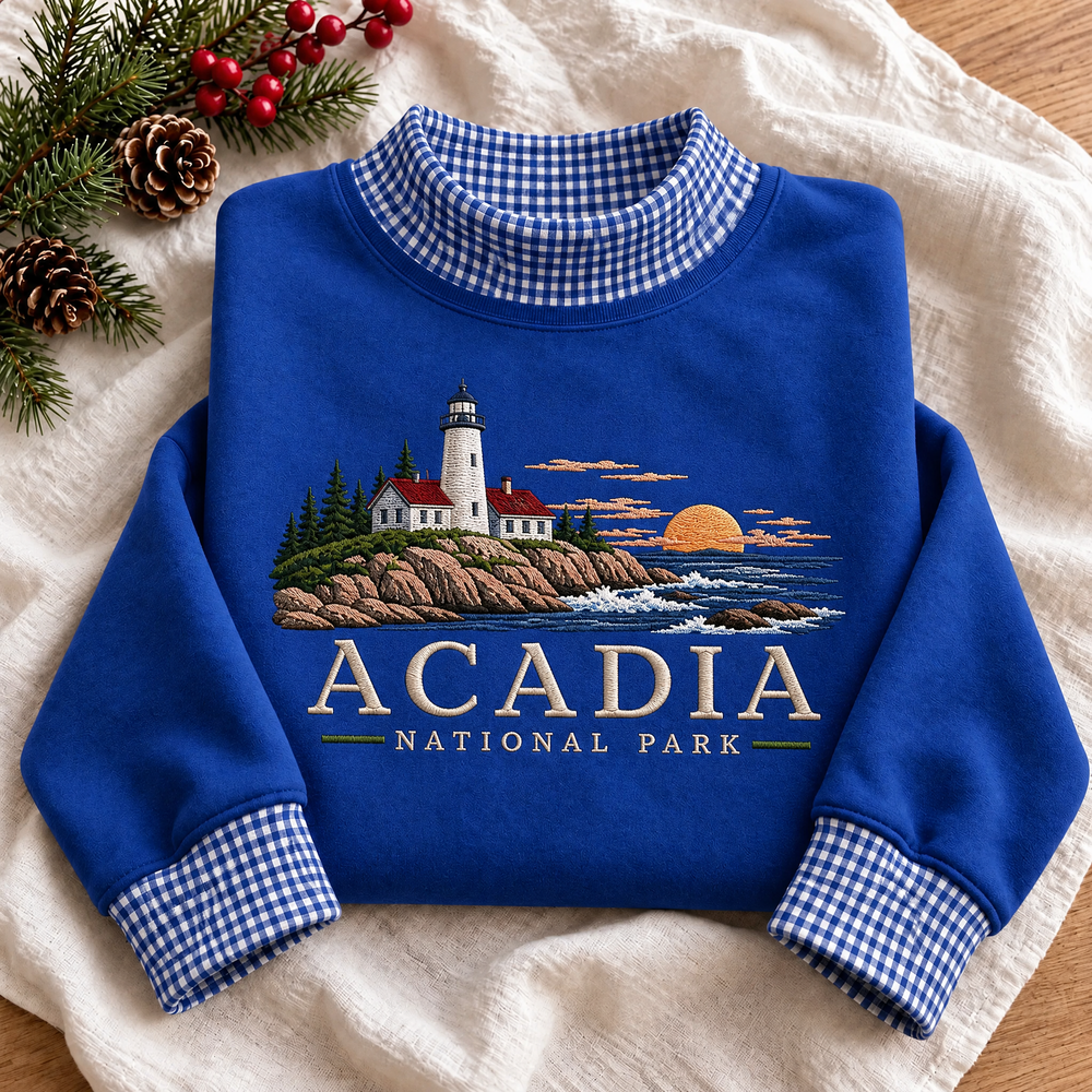 Acadia National Park Embroidered Gingham Mock Neck Sweatshirt