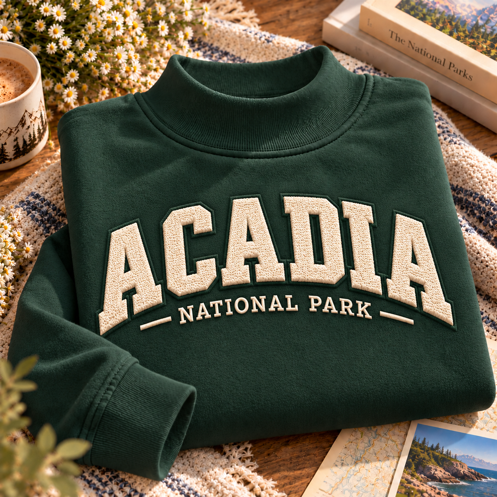 Acadia National Park Embroidered Mock Neck Sweatshirt