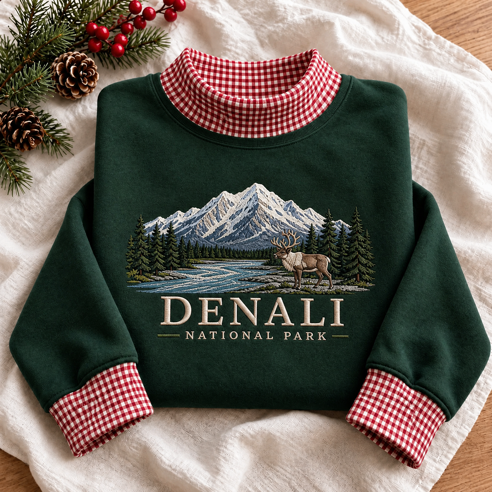 Denali National Park Embroidered Gingham Mock Neck Sweatshirt