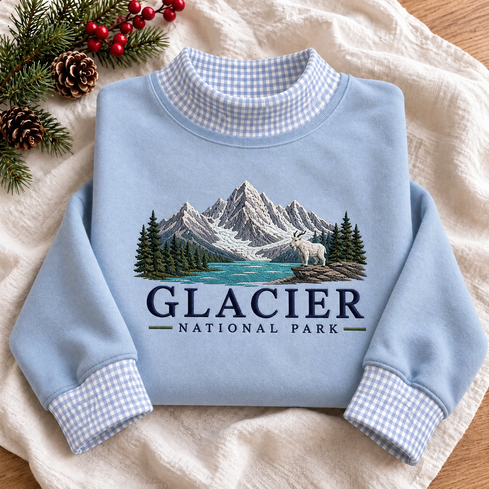 Glacier National Park Embroidered Gingham Mock Neck Sweatshirt