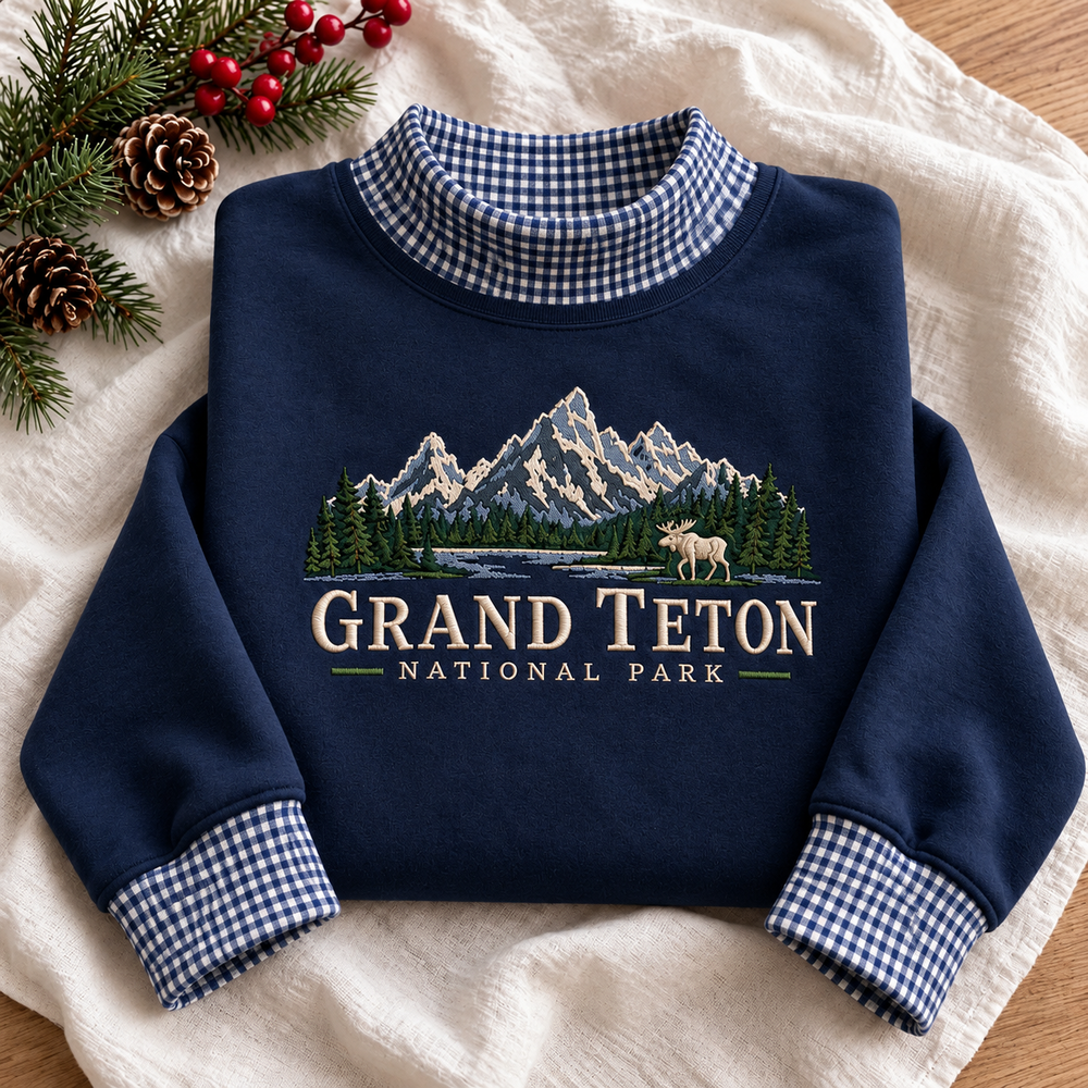 Grand Teton National Park Embroidered Gingham Mock Neck Sweatshirt