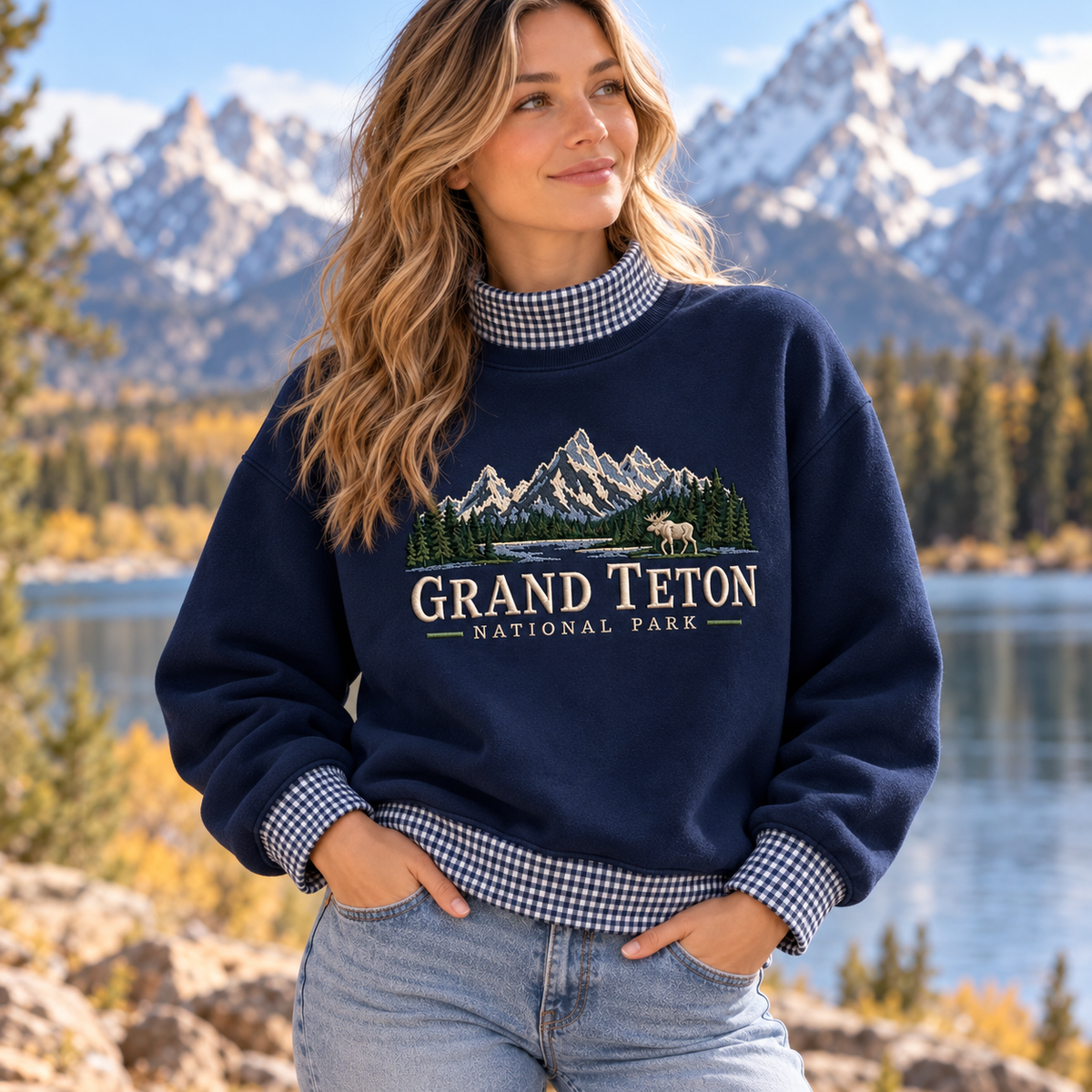 Grand Teton National Park Embroidered Gingham Mock Neck Sweatshirt - photo 2