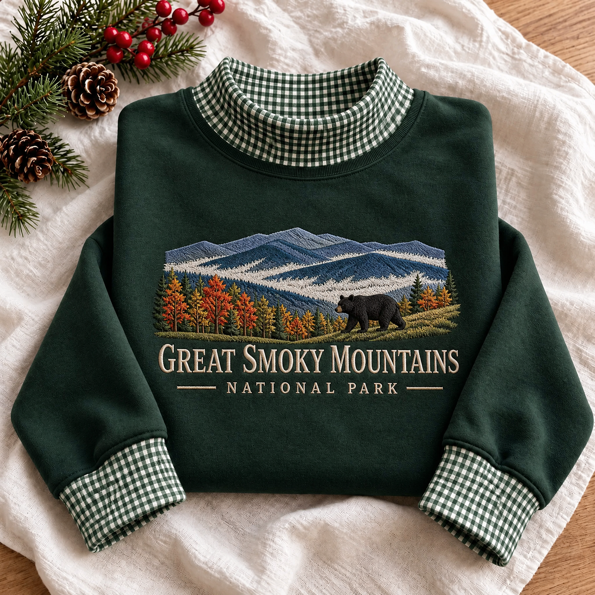 Great Smoky Mountains National Park Embroidered Gingham Mock Neck Sweatshirt - photo 1