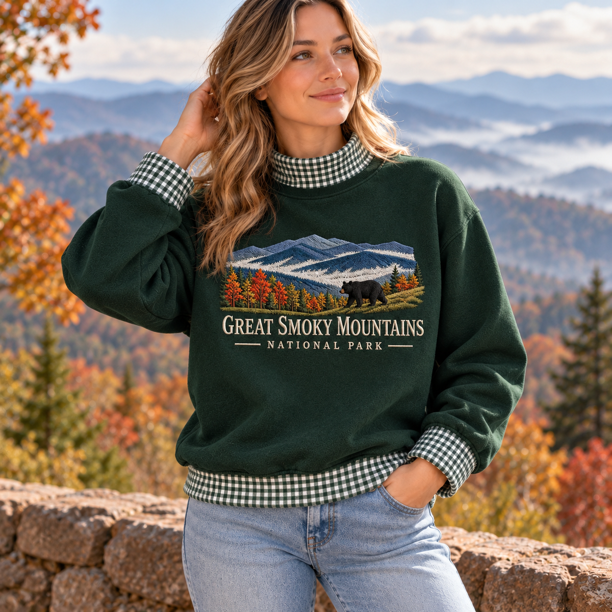 Great Smoky Mountains National Park Embroidered Gingham Mock Neck Sweatshirt - photo 2