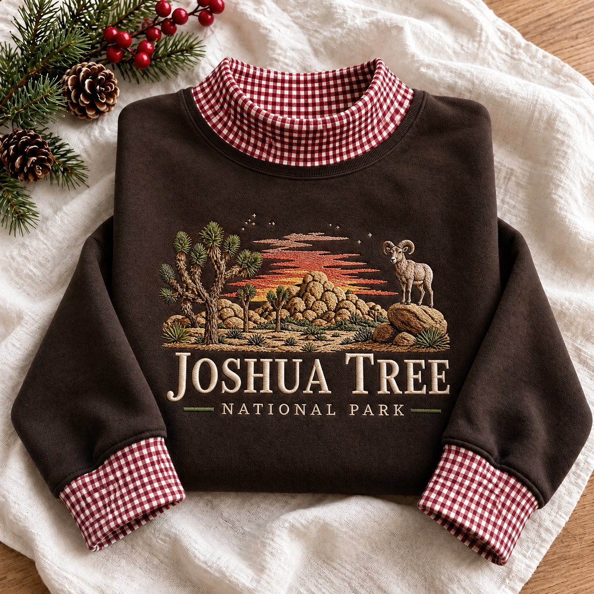 Joshua Tree National Park Embroidered Gingham Mock Neck Sweatshirt - photo 1