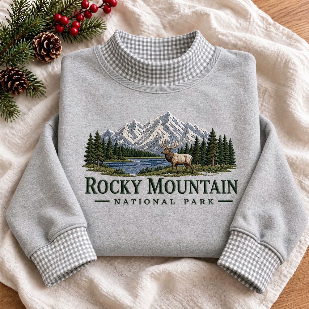 Rocky Mountain National Park Embroidered Gingham Mock Neck Sweatshirt