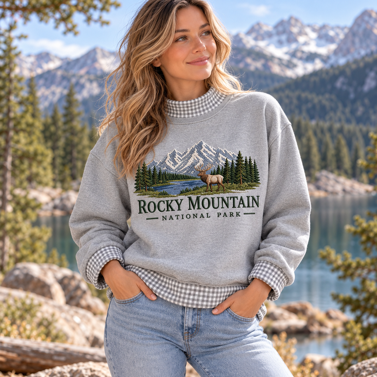 Rocky Mountain National Park Embroidered Gingham Mock Neck Sweatshirt - photo 2