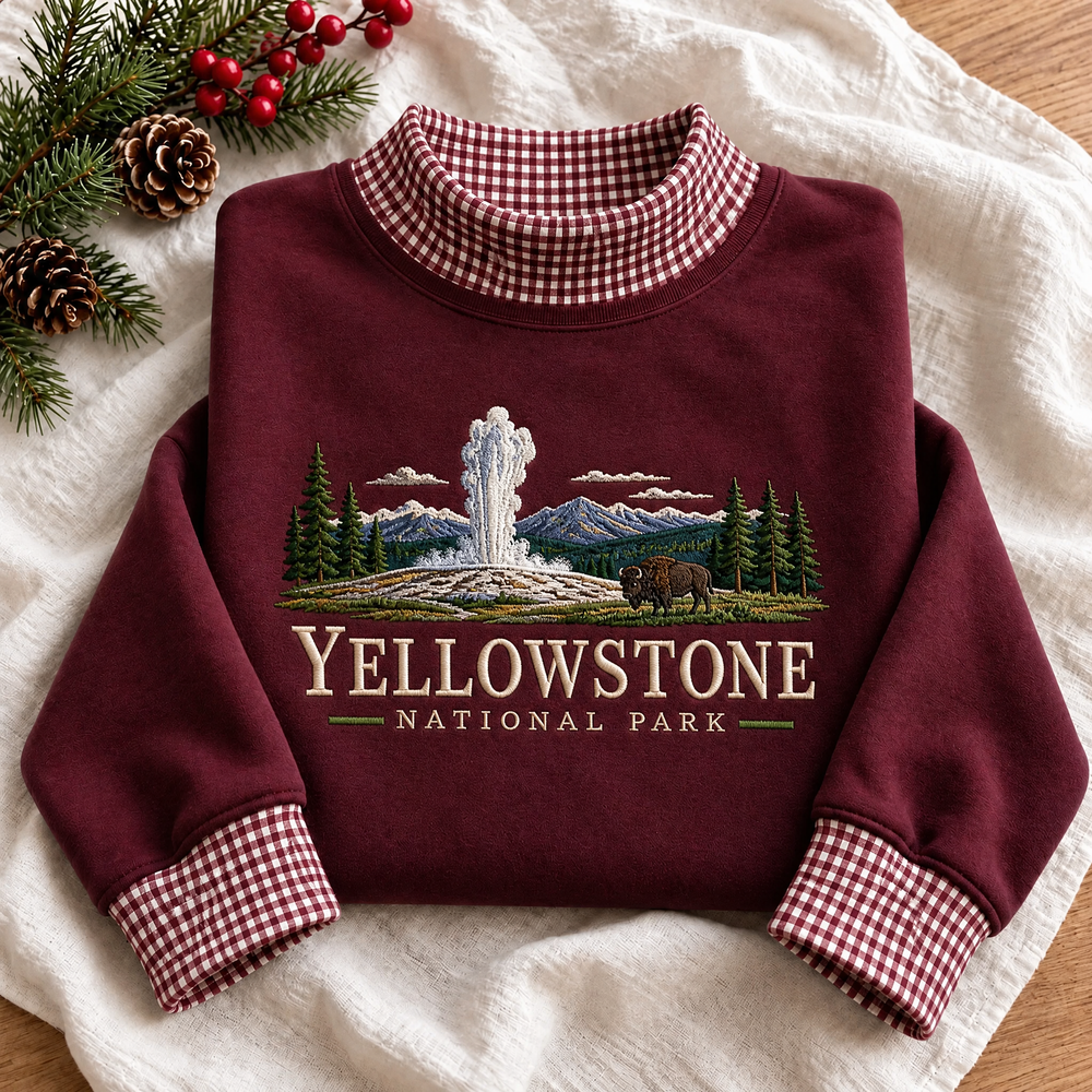 Yellowstone National Park Embroidered Gingham Mock Neck Sweatshirt
