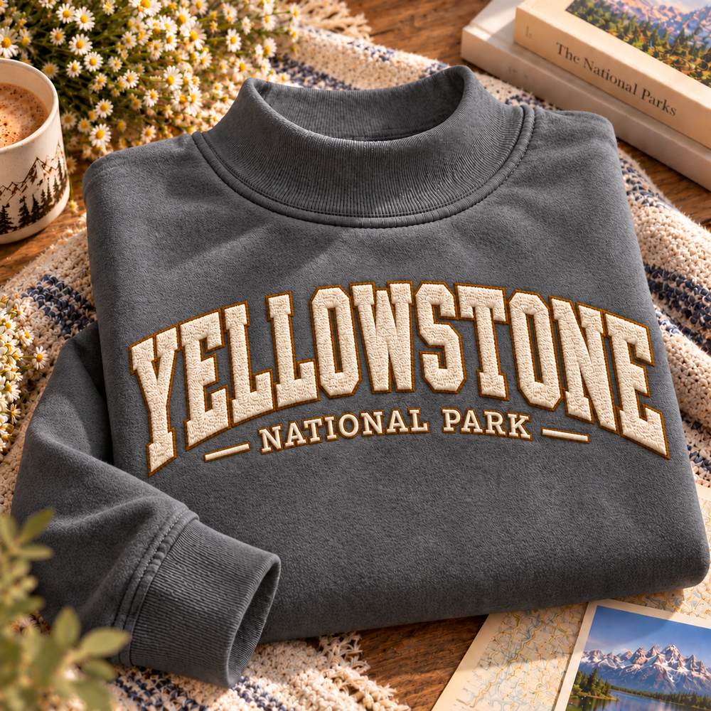Yellowstone National Park Embroidered Mock Neck Sweatshirt