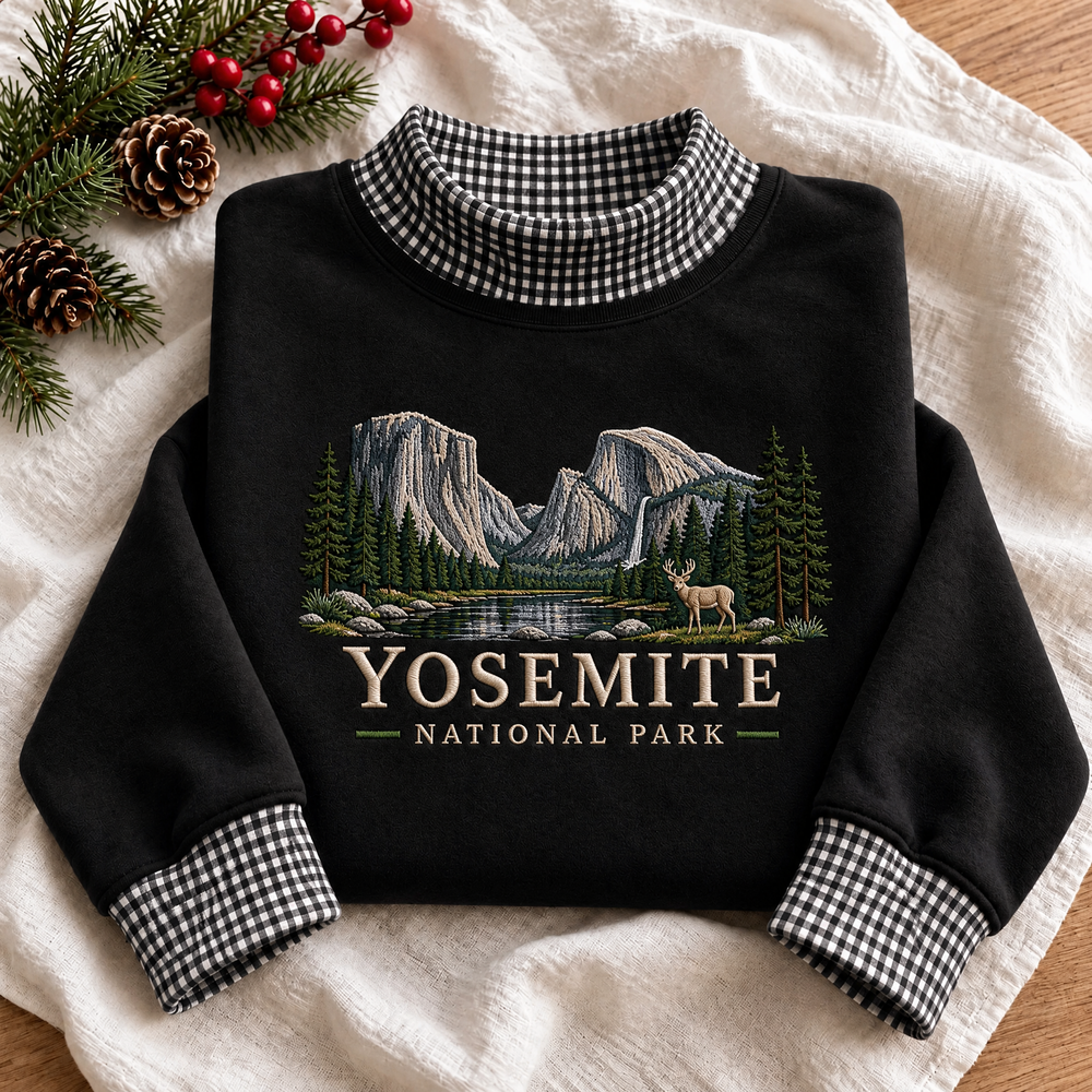 Yosemite National Park Embroidered Gingham Mock Neck Sweatshirt