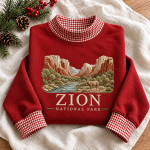 Zion National Park Embroidered Gingham Mock Neck Sweatshirt