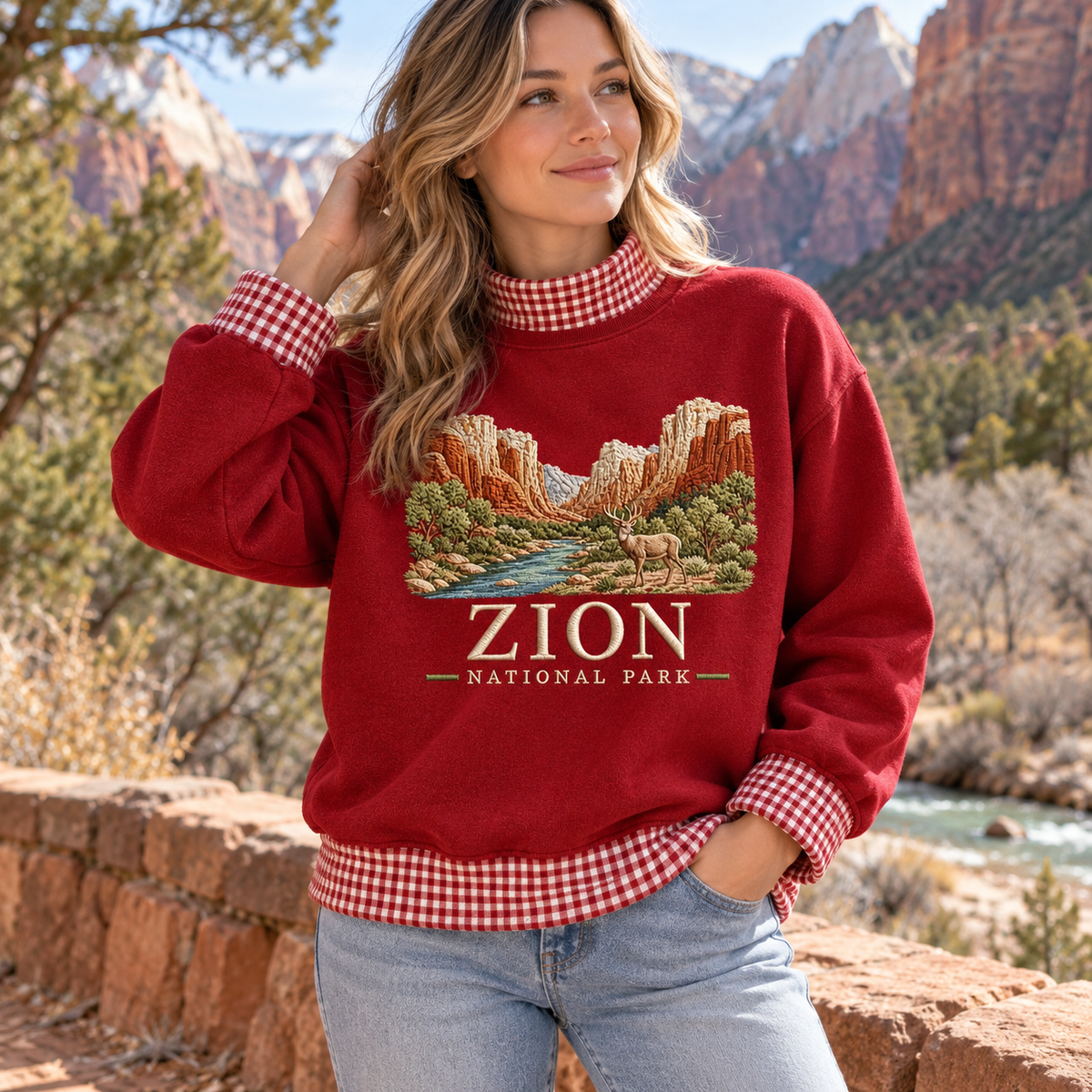 Zion National Park Embroidered Gingham Mock Neck Sweatshirt - photo 2